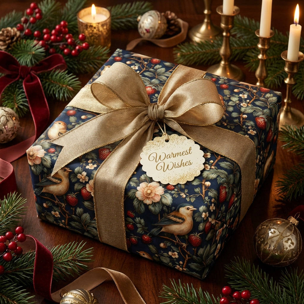 Elegant Christmas gift with bird and floral wrapping paper, gold ribbon and "Warmest Wishes" tag.