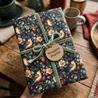 Elegant floral wrapping paper featuring birds and strawberries, tied with a green velvet ribbon.