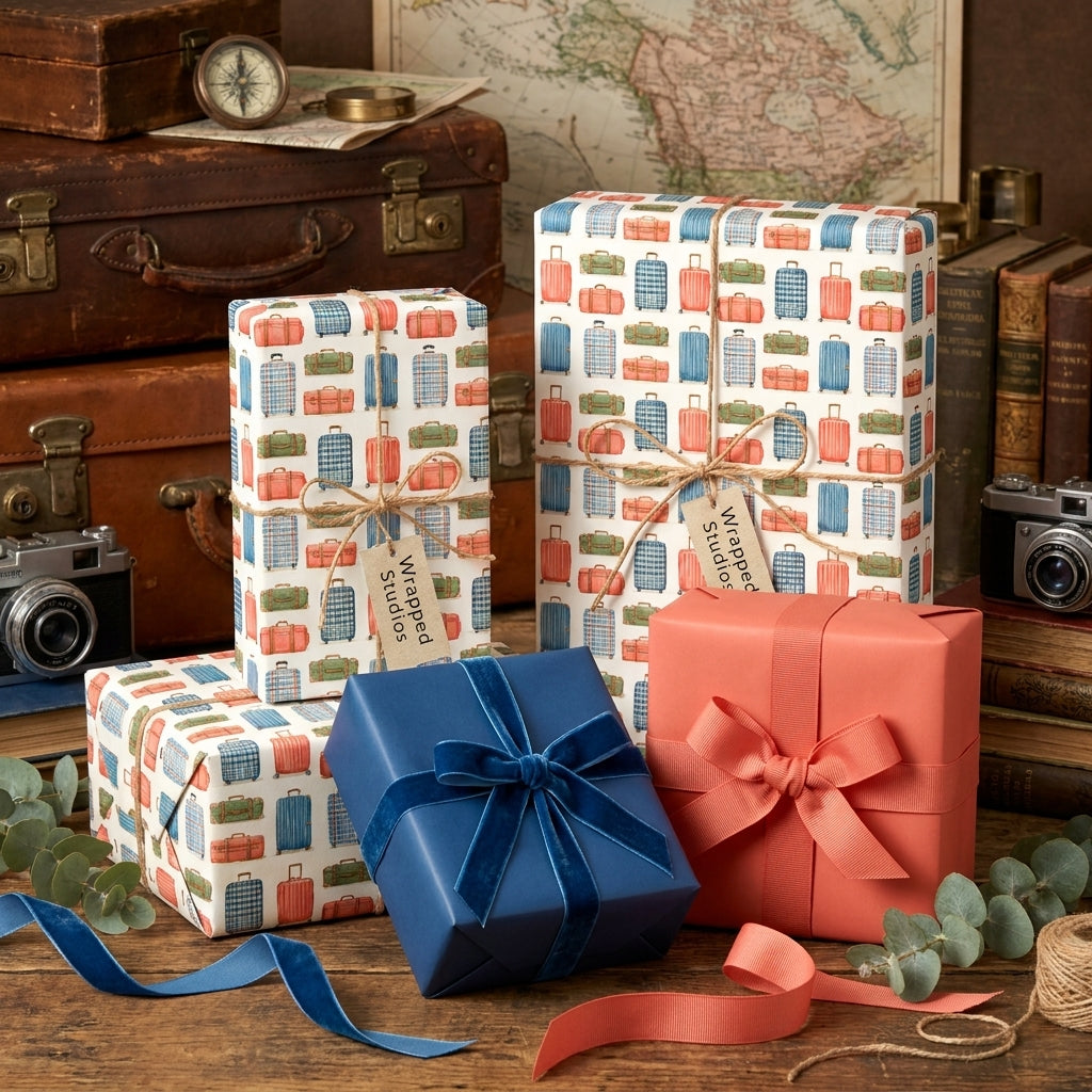 Vintage travel wrapping paper with suitcase pattern on gifts by Wrapped Studios.