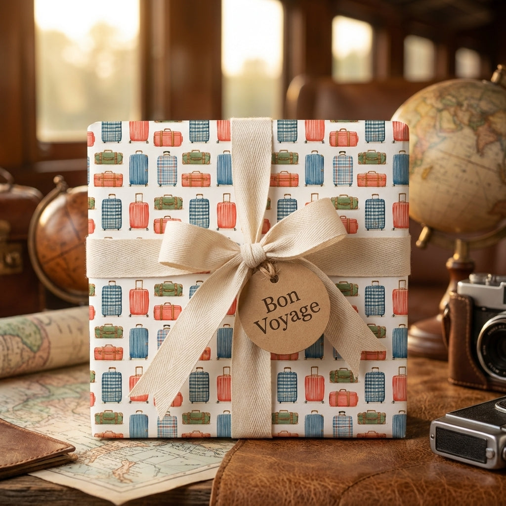 Vintage travel wrapping paper with suitcase pattern and Bon Voyage tag by Wrapped Studios.