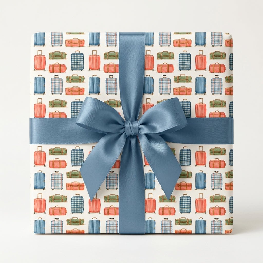 Travel wrapping paper with watercolor suitcases and a blue satin bow on a gift box by Wrapped Studios.