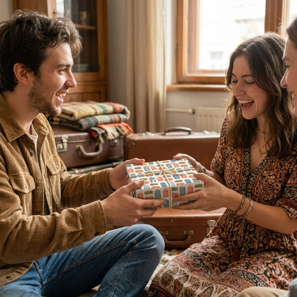 Couple exchanging gift wrapped in vintage travel suitcase wrapping paper by Wrapped Studios.