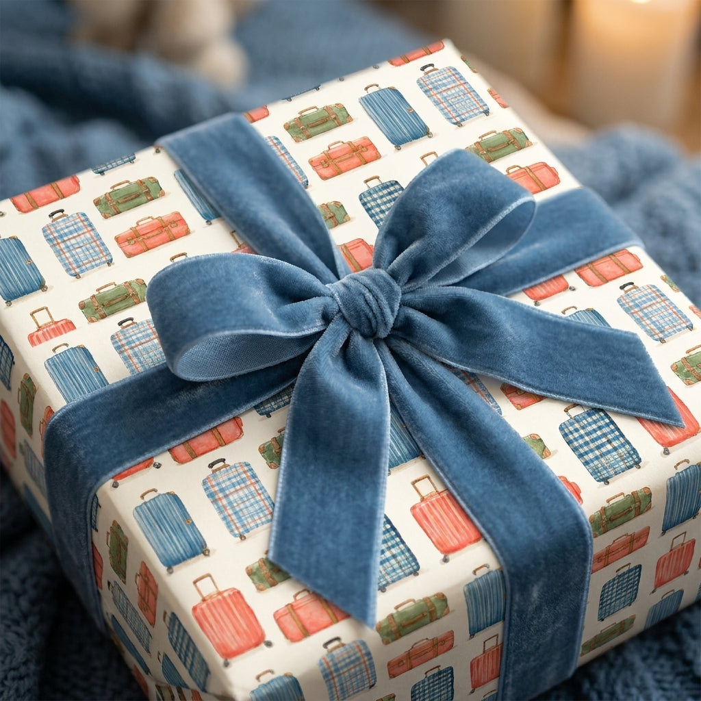 Travel wrapping paper with vintage suitcase pattern and blue velvet bow on a gift box by Wrapped Studios.