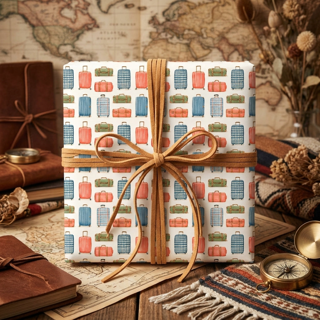 Vintage travel wrapping paper featuring a suitcase pattern and tan suede bow by Wrapped Studios.