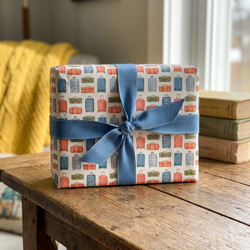 Vintage travel wrapping paper with retro suitcase pattern and blue ribbon by Wrapped Studios.