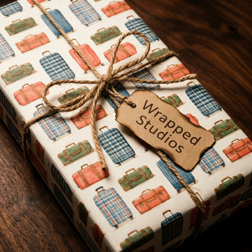 Vintage suitcase travel wrapping paper with twine bow by Wrapped Studios.