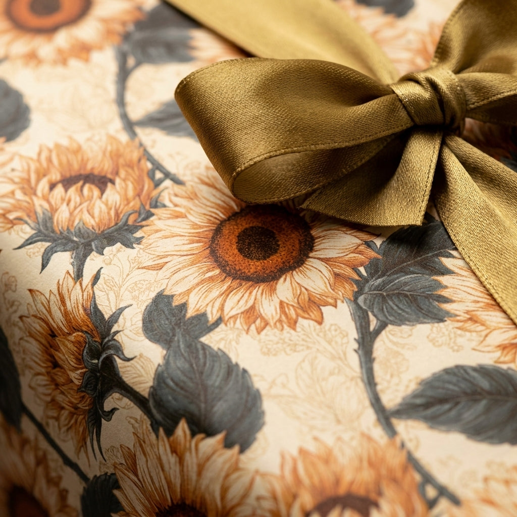 Rustic sunflower wrapping paper with a gold satin ribbon, elegant floral gift wrap by Wrapped Studios.