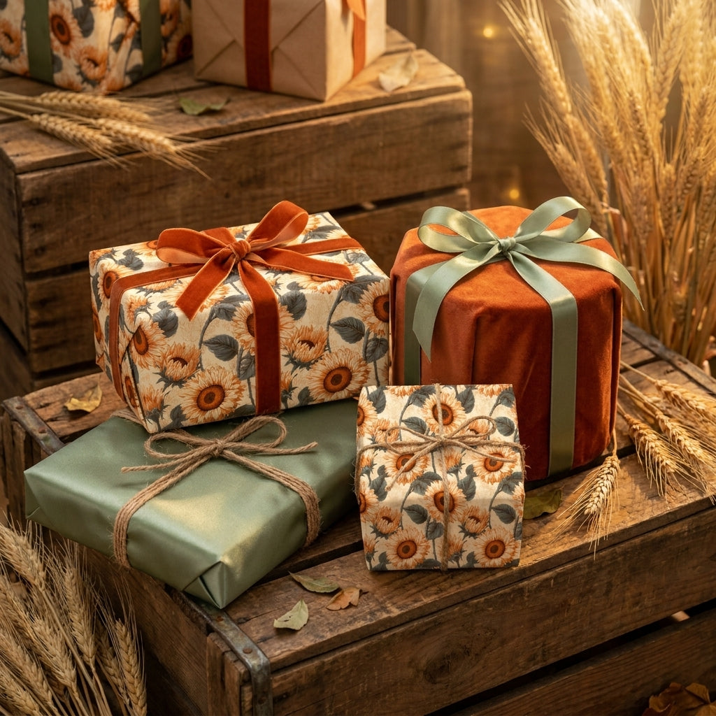 Sunflower wrapping paper and rustic fall gift wrap with velvet ribbons by Wrapped Studios.