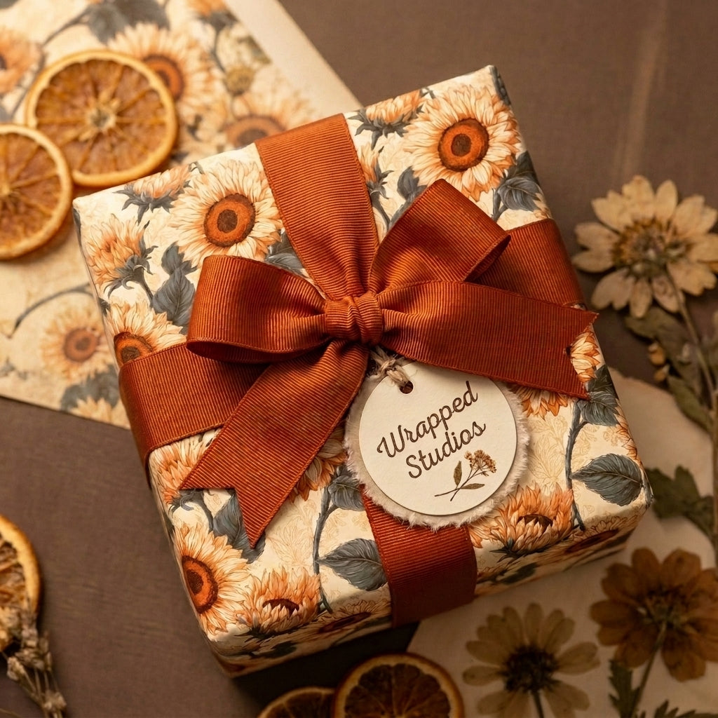 Rustic sunflower wrapping paper with a burnt orange ribbon bow by Wrapped Studios.