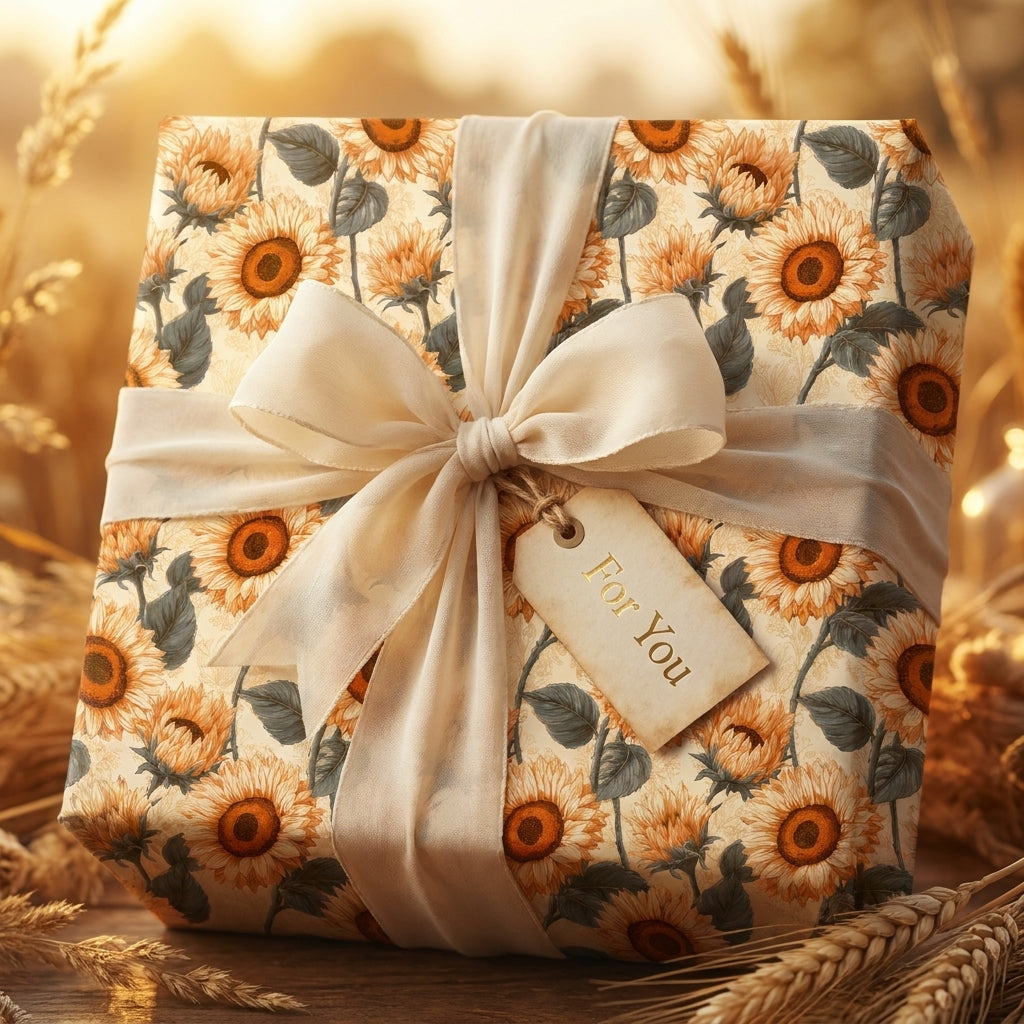 Rustic sunflower wrapping paper with a cream bow and gift tag by Wrapped Studios.