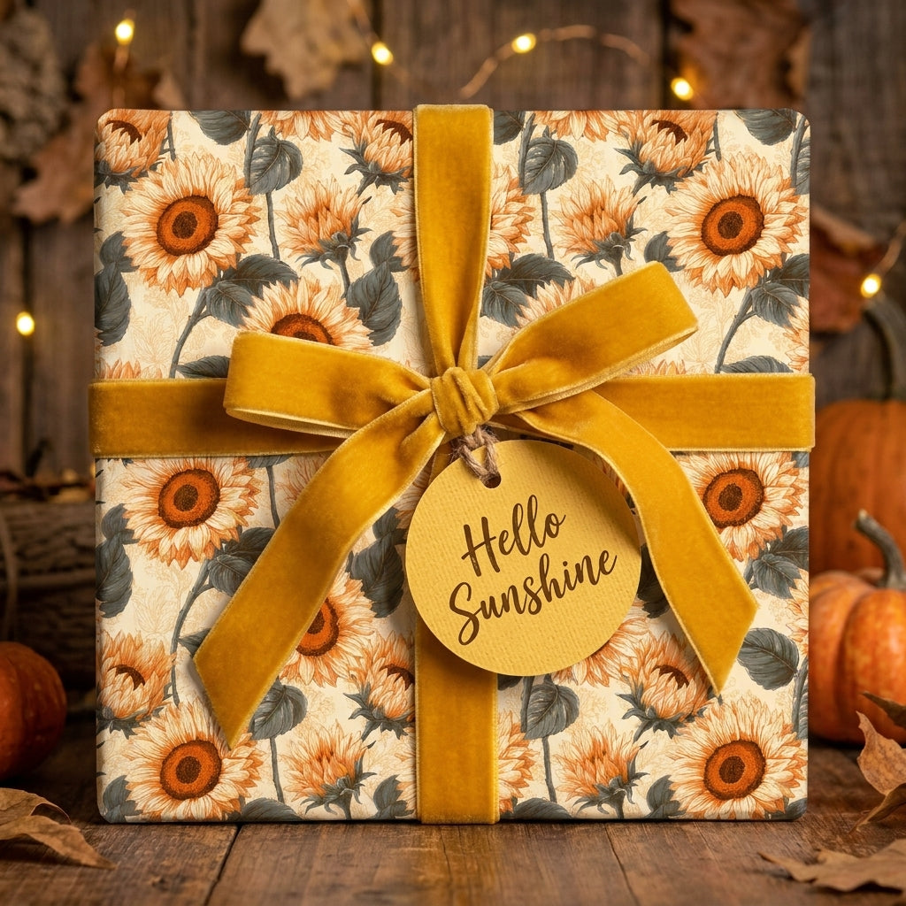 Rustic sunflower wrapping paper with yellow velvet ribbon and Hello Sunshine tag by Wrapped Studios.