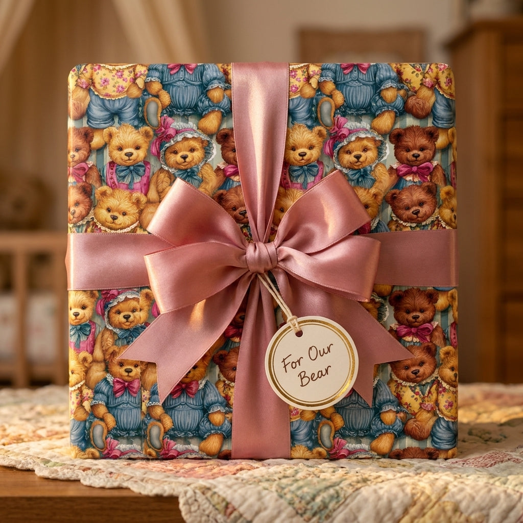 Vintage teddy bear wrapping paper with a dusty pink satin bow and gift tag by Wrapped Studios.