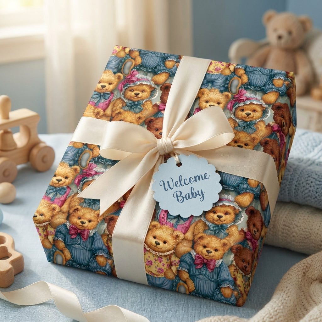 Vintage teddy bear baby shower wrapping paper with cream ribbon and "Welcome Baby" tag by Wrapped Studios.