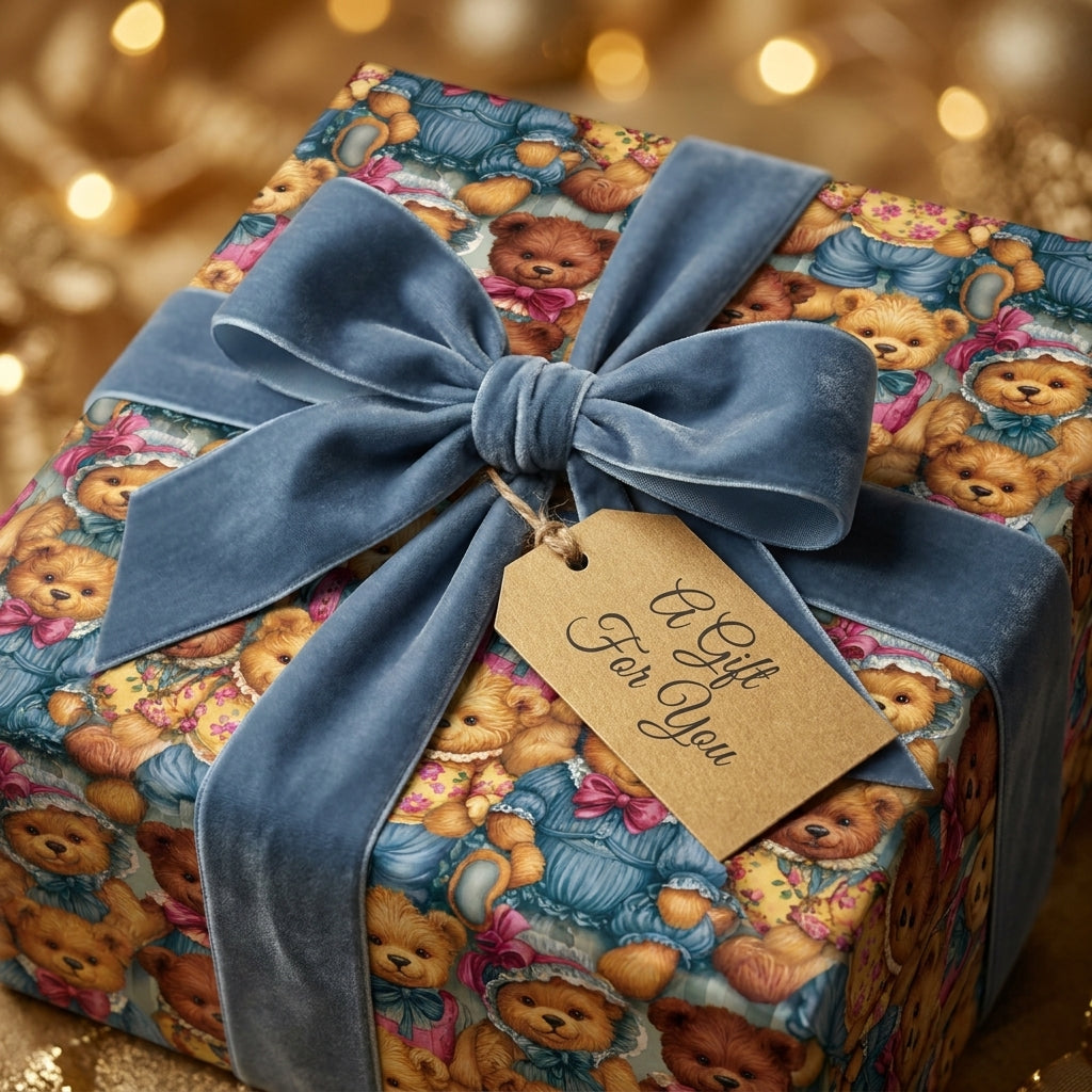 Vintage teddy bear wrapping paper with a dusty blue velvet bow and gift tag by Wrapped Studios.