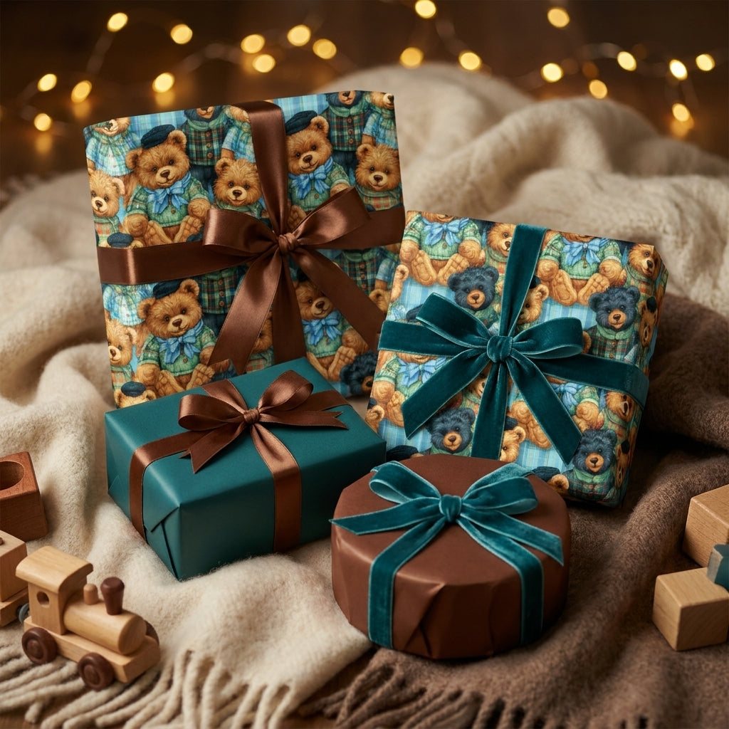 Vintage teddy bear wrapping paper and velvet ribbons on cozy holiday gifts by Wrapped Studios.