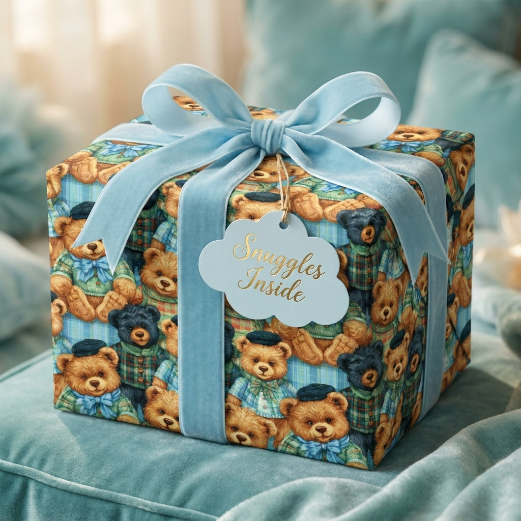 Vintage teddy bear wrapping paper with a blue velvet bow on a baby shower gift by Wrapped Studios.