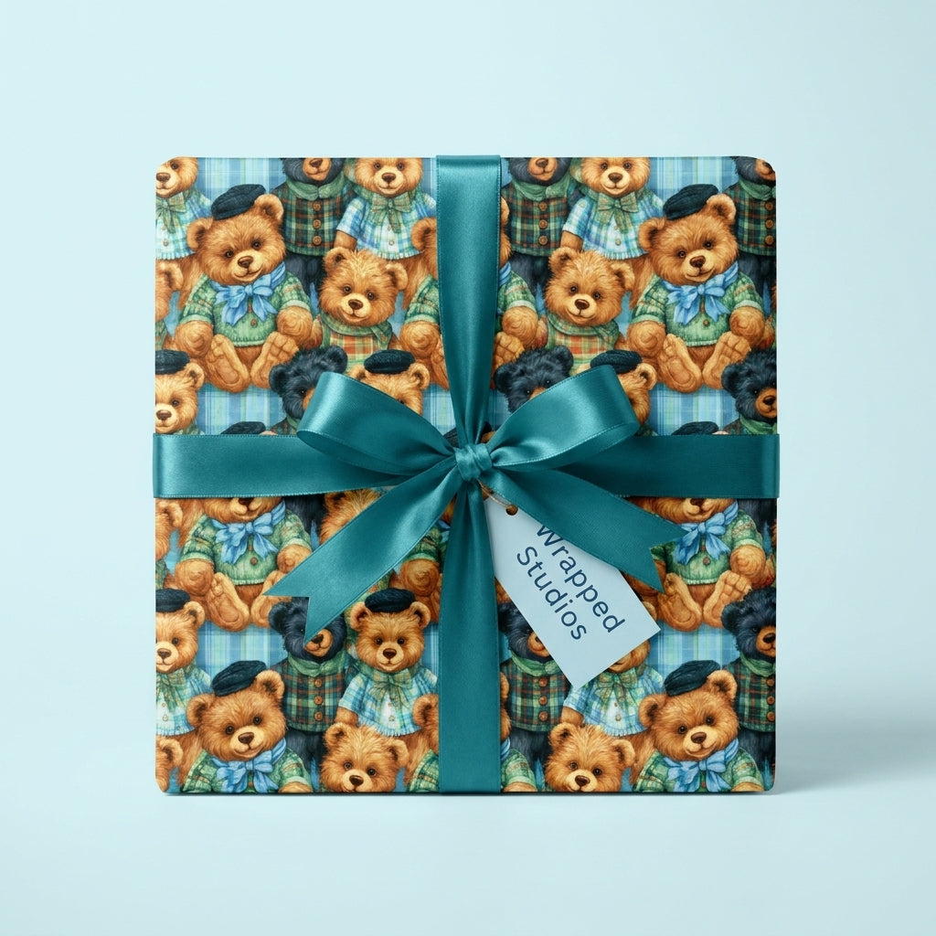 Cute teddy bear wrapping paper with a teal satin bow on a gift by Wrapped Studios.