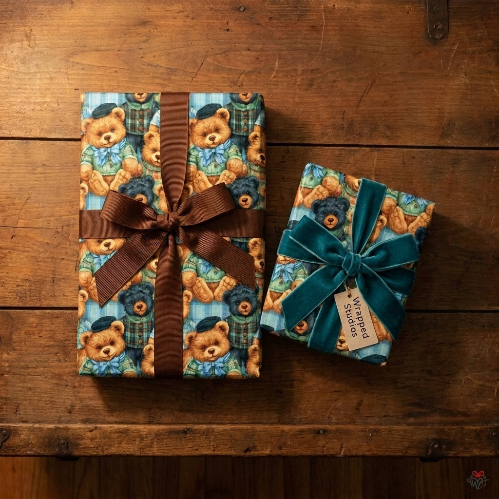 Vintage teddy bear wrapping paper with teal velvet and brown ribbons. Cute baby gift wrap by Wrapped Studios.