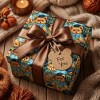 Cute teddy bear wrapping paper with a brown satin bow and gift tag by Wrapped Studios.