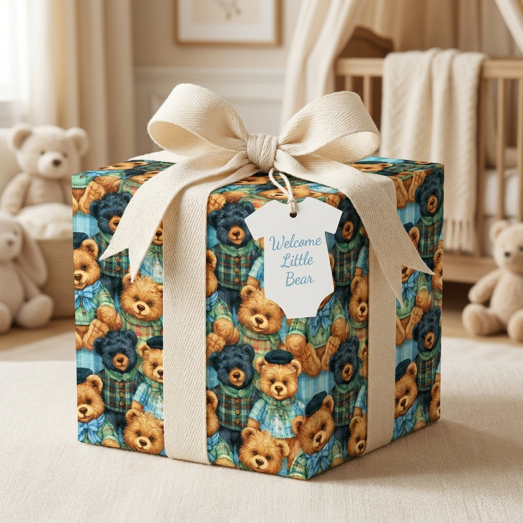 Teddy bear baby shower wrapping paper with a cream bow and onesie gift tag in a nursery, by Wrapped Studios.