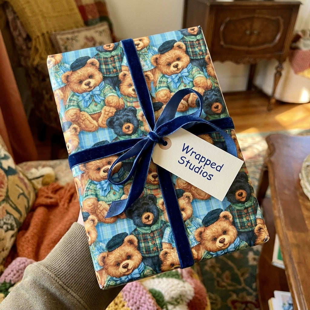 Cute vintage teddy bear wrapping paper with a blue velvet ribbon bow by Wrapped Studios.