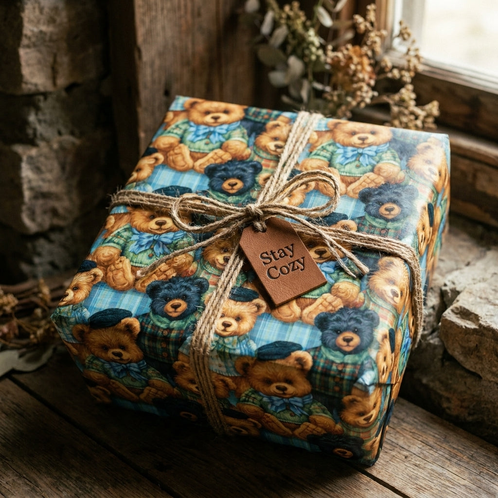Vintage teddy bear wrapping paper by Wrapped Studios on a cozy holiday gift box tied with twine.