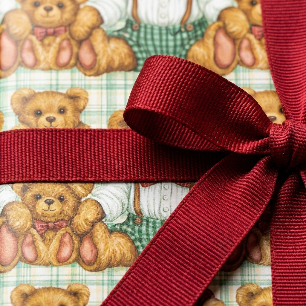 Vintage teddy bear Christmas wrapping paper tied with a red grosgrain ribbon by Wrapped Studios.
