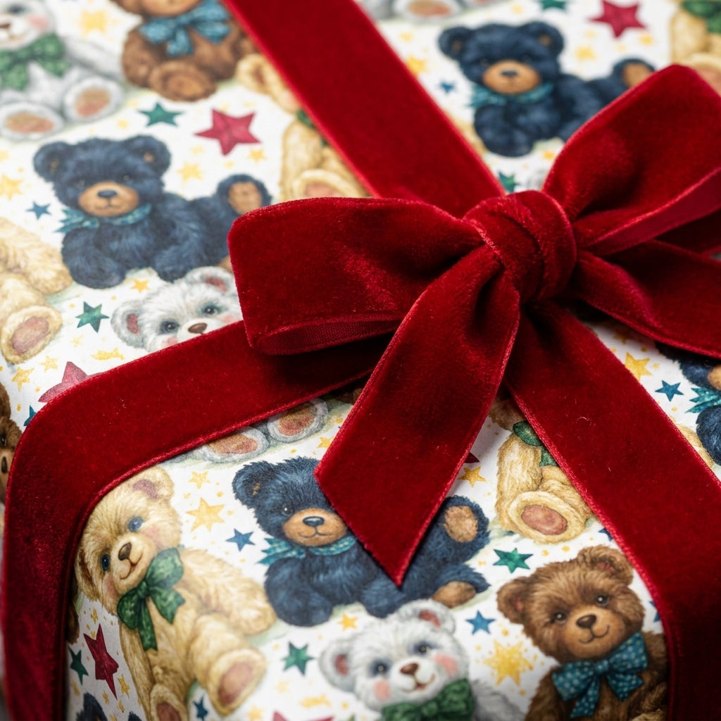 Vintage teddy bear Christmas wrapping paper tied with a red velvet bow by Wrapped Studios.
