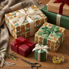 Vintage teddy bear Christmas wrapping paper on gifts with ribbons by Wrapped Studios.