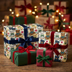 Teddy bear Christmas wrapping paper on holiday gifts with velvet ribbons by Wrapped Studios.