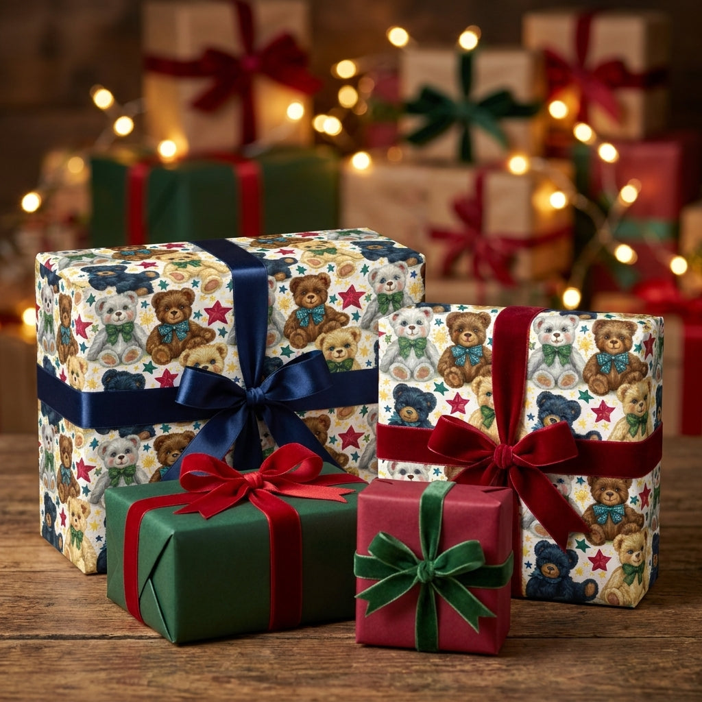 Teddy bear Christmas wrapping paper on holiday gifts with velvet ribbons by Wrapped Studios.