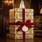 Vintage teddy bear wrapping paper with luxury red velvet ribbon by Wrapped Studios.