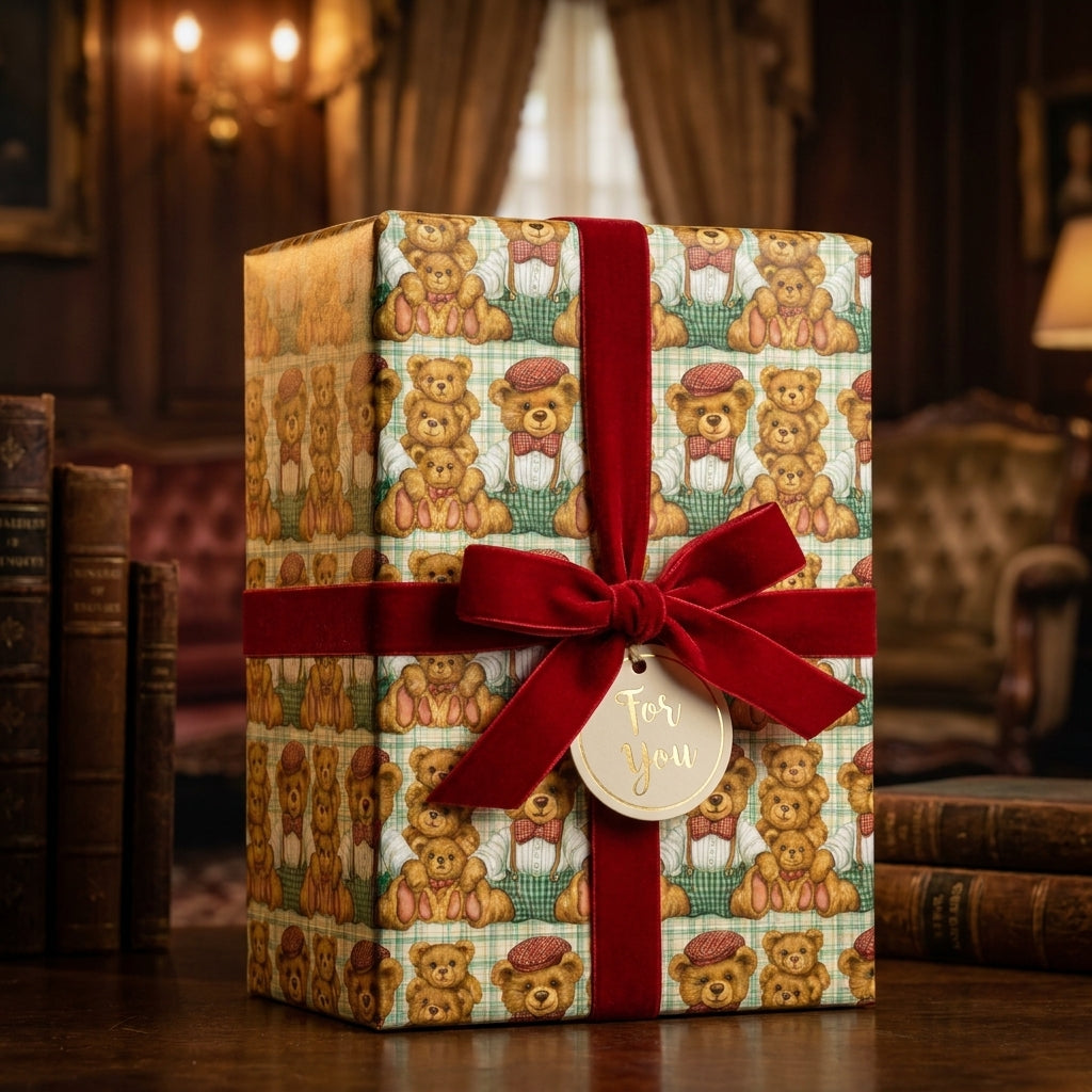 Vintage teddy bear wrapping paper with luxury red velvet ribbon by Wrapped Studios.