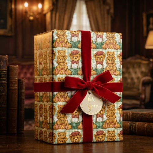 Vintage teddy bear wrapping paper with luxury red velvet ribbon by Wrapped Studios.