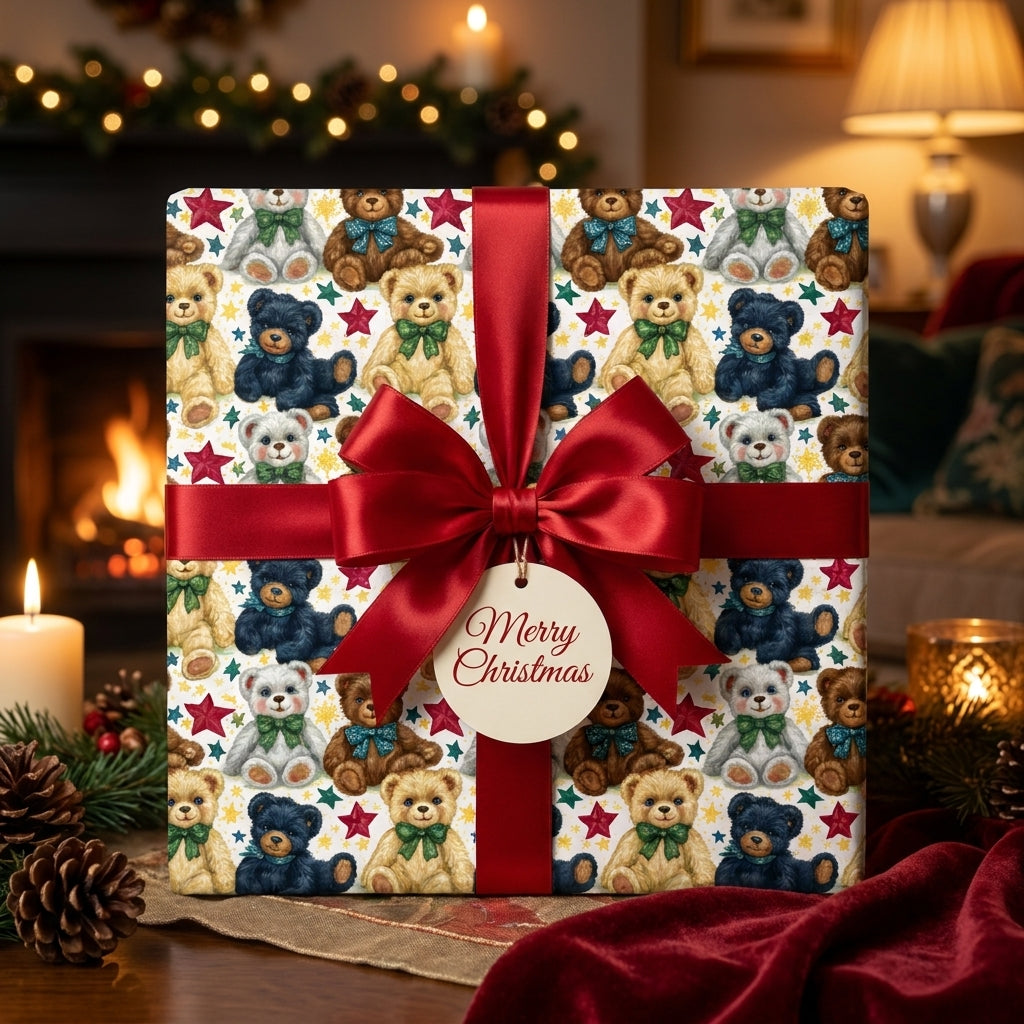 Vintage teddy bear Christmas gift wrap with a red bow by a cozy fireplace, from Wrapped Studios.