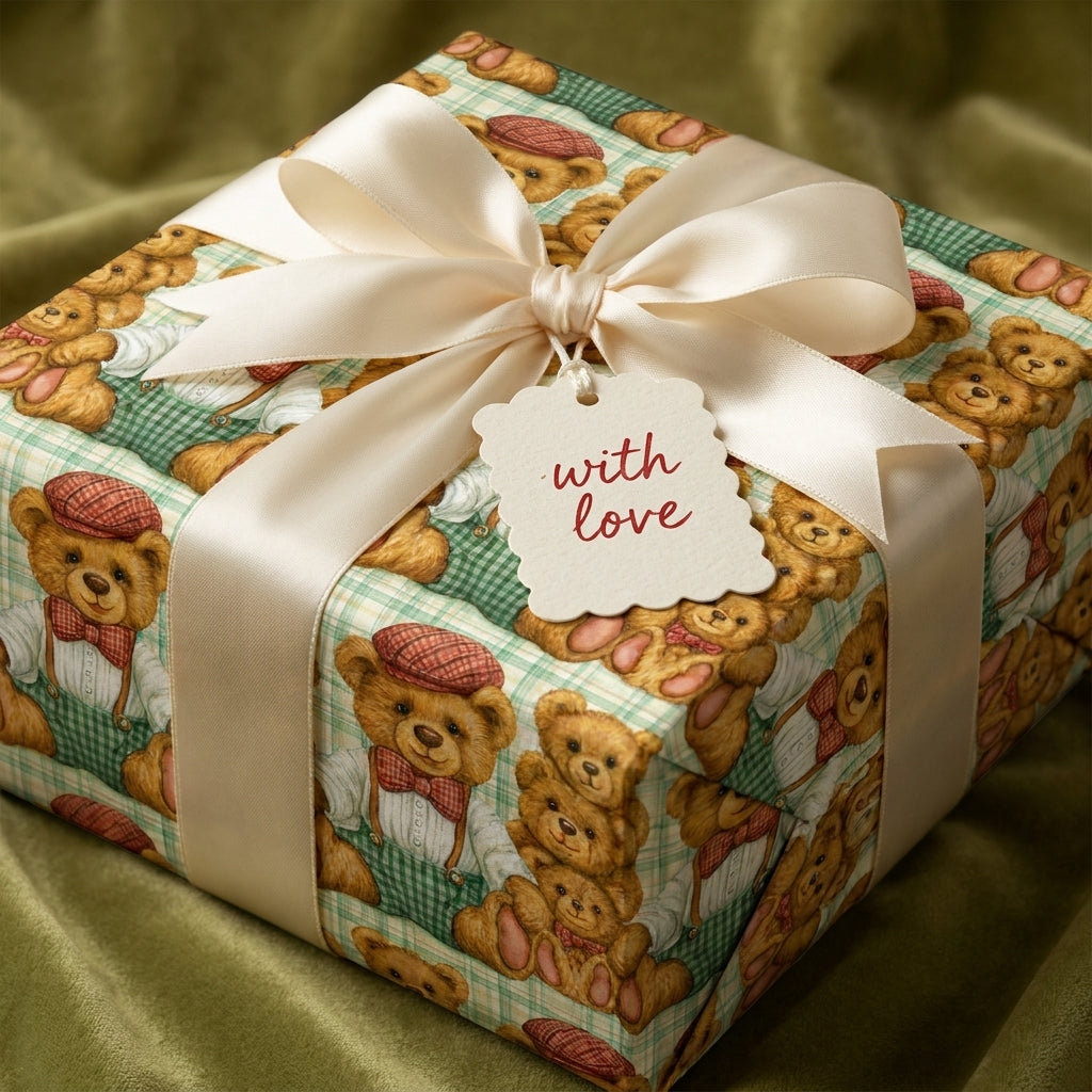 Vintage teddy bear wrapping paper with cream satin bow and 'with love' tag by Wrapped Studios.