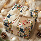 Vintage teddy bear Christmas wrapping paper with a cream velvet bow by Wrapped Studios.