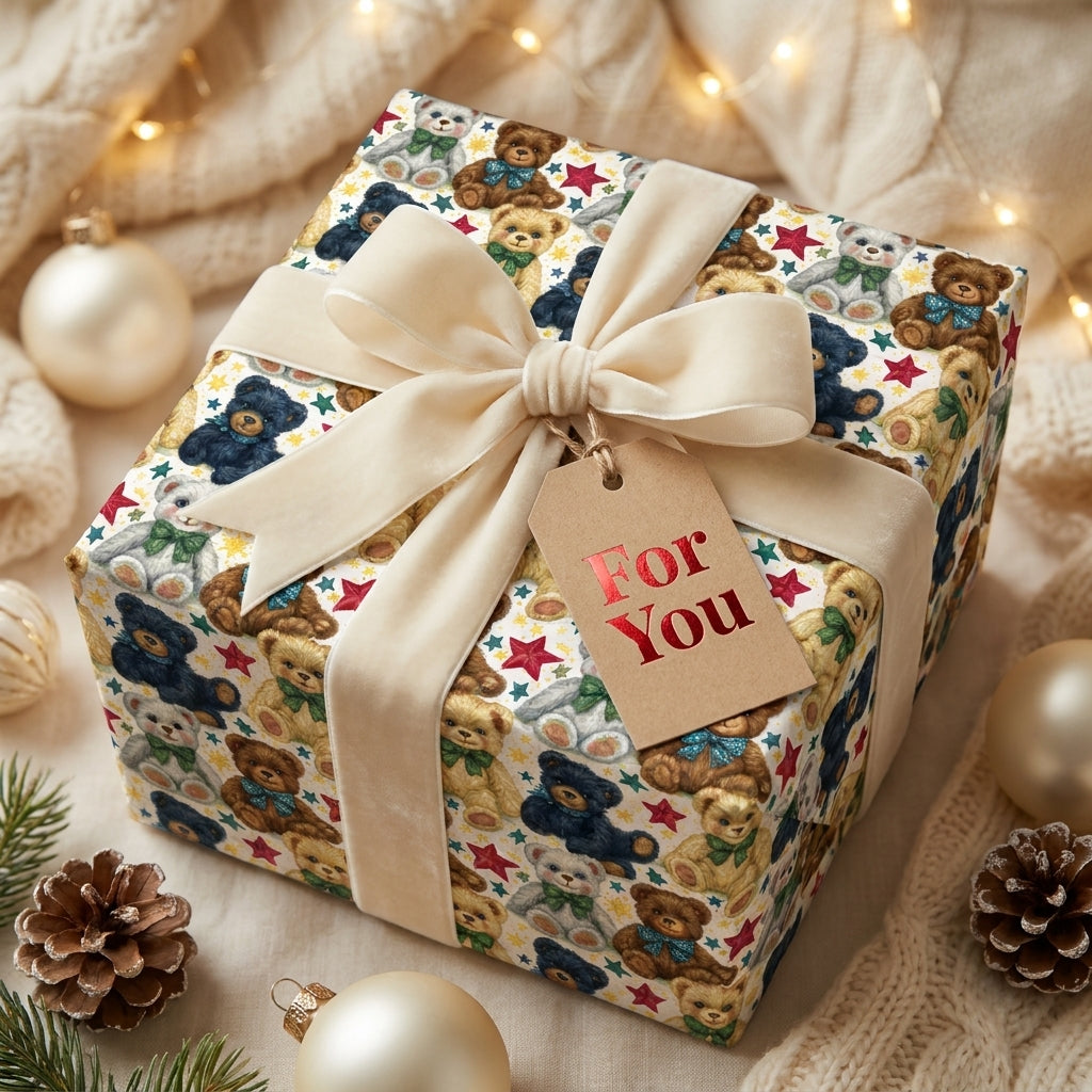 Vintage teddy bear Christmas wrapping paper with a cream velvet bow by Wrapped Studios.