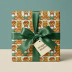 Vintage teddy bear wrapping paper with green satin ribbon and bow on a gift box by Wrapped Studios.