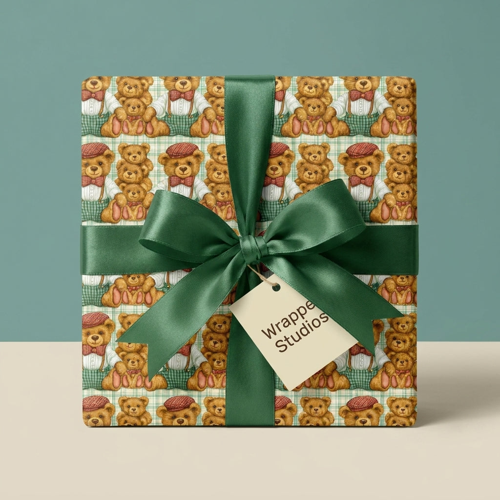 Vintage teddy bear wrapping paper with green satin ribbon and bow on a gift box by Wrapped Studios.