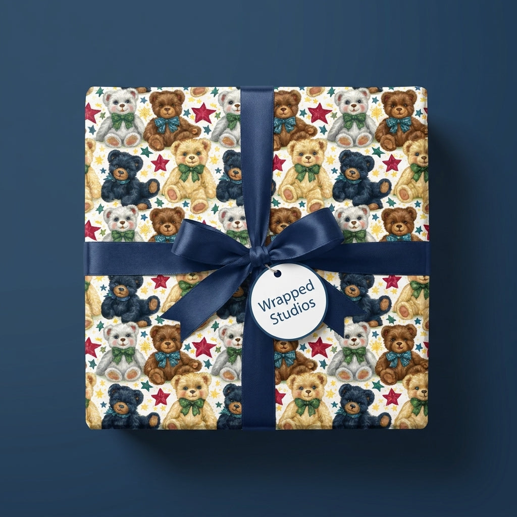 Teddy bear wrapping paper with a blue satin ribbon by Wrapped Studios, perfect for baby shower and birthday gifts.