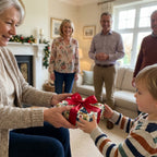 Grandmother giving boy a gift in teddy bear Christmas wrapping paper with a red bow, by Wrapped Studios.