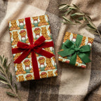 Vintage teddy bear Christmas wrapping paper with red velvet and green ribbons by Wrapped Studios.