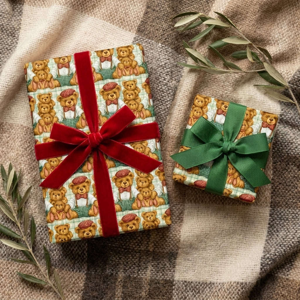 Vintage teddy bear Christmas wrapping paper with red velvet and green ribbons by Wrapped Studios.
