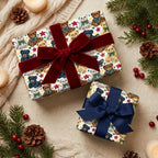 Teddy bear Christmas wrapping paper with velvet bows on holiday gifts by Wrapped Studios.