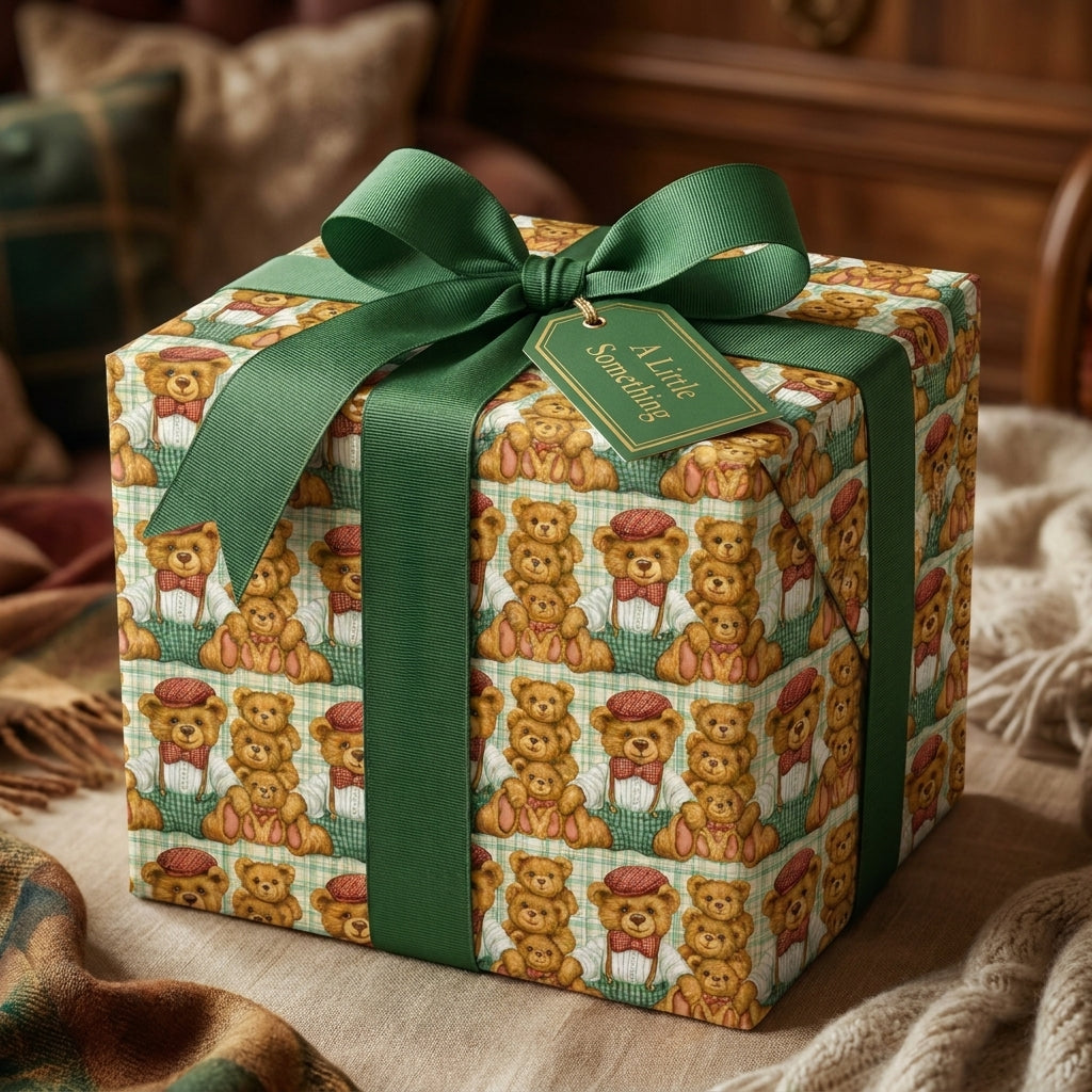 Vintage teddy bear wrapping paper with a green ribbon on a cozy gift box by Wrapped Studios.