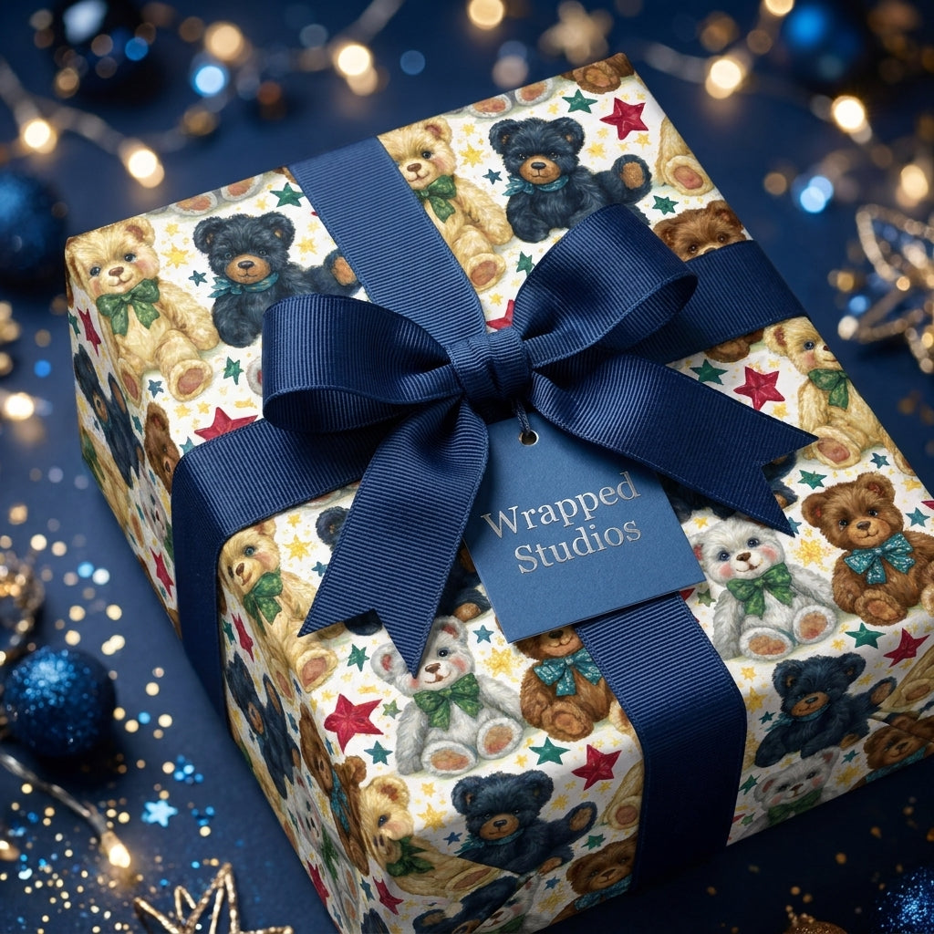 Teddy bear Christmas wrapping paper with a navy blue ribbon on a holiday gift box by Wrapped Studios.