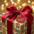 Teddy bear wrapping paper by Wrapped Studios on a Christmas gift tied with a large red satin bow.