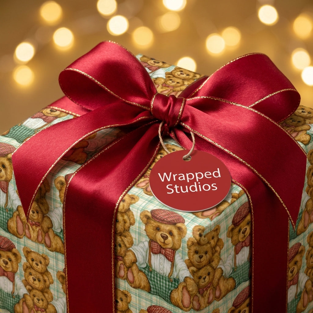 Teddy bear wrapping paper by Wrapped Studios on a Christmas gift tied with a large red satin bow.