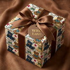 Vintage teddy bear wrapping paper with a brown satin bow on a gift box by Wrapped Studios.